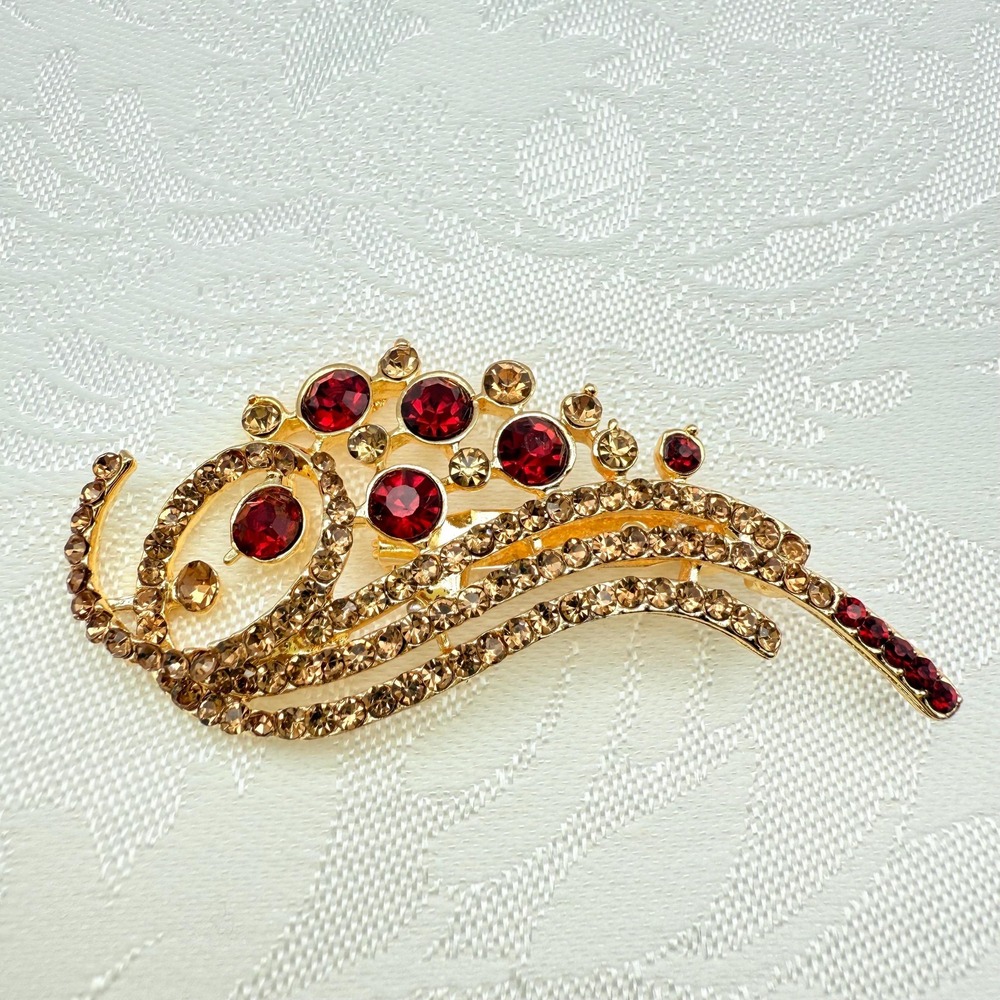 Vintage Beautiful Red Statement‎ Rhinestone and Gold Tone Swirl Abstract Brooch